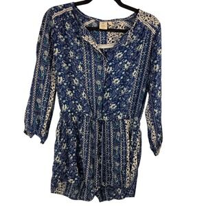 ST TROPEZ WEST Size S‎ Blue Floral Romper Boho Beachy Crochet Trim Resortwear